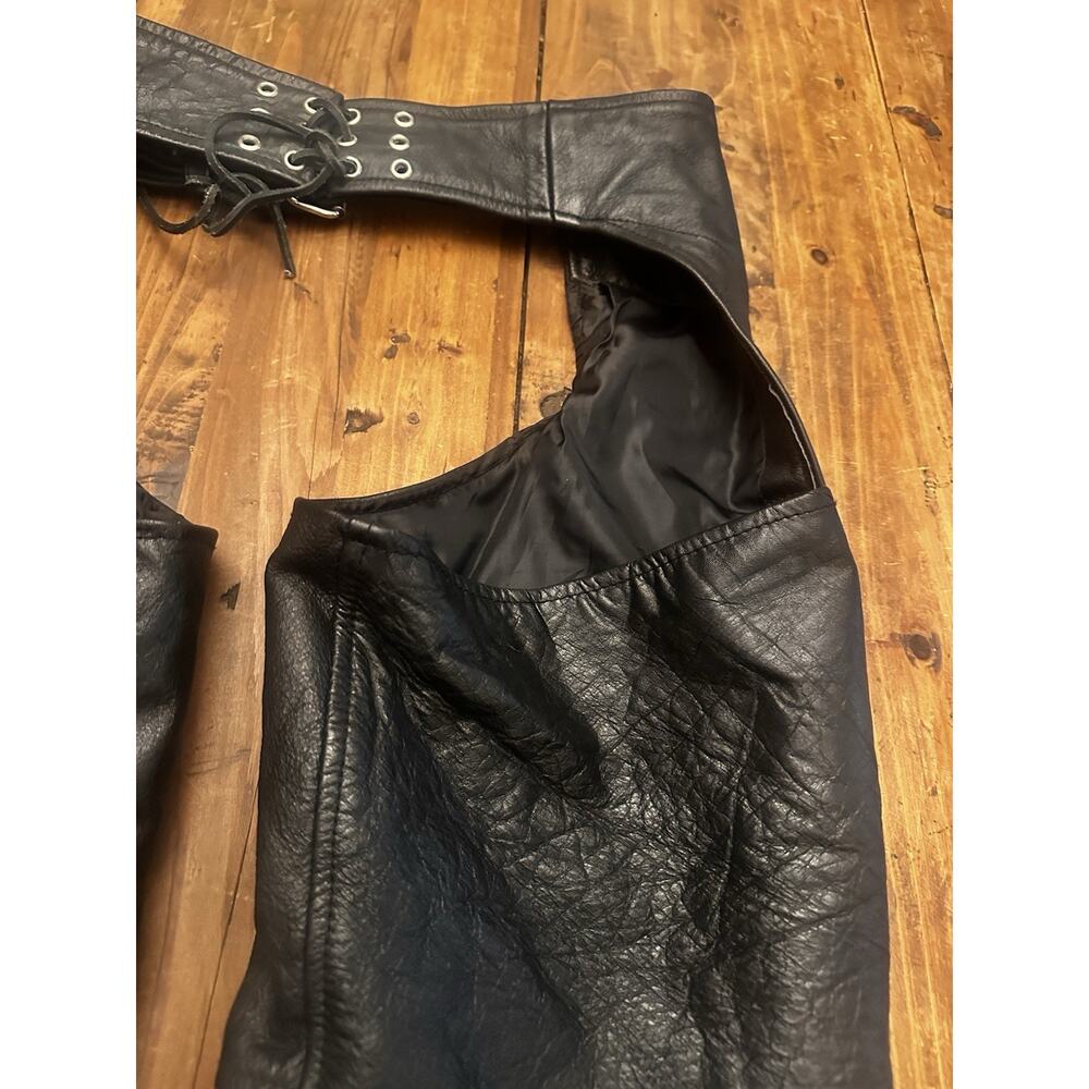 Hot Leather Chaps Genuine Size Large Zip Snap Buckle Motorcycle Riding Biker - Picture 11 of 13